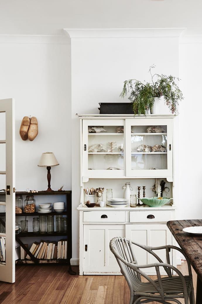 A mix of vintage, industrial and new pieces have been pulled together over the years to create the special character in the home. Kate's grandmother's lamp sits on the kitchen bookcase, which was rescued from the shed. The wooden clogs hanging above are from an [op shop](https://www.homestolove.com.au/how-to-buy-and-sell-on-gumtree-3533|target="_blank").