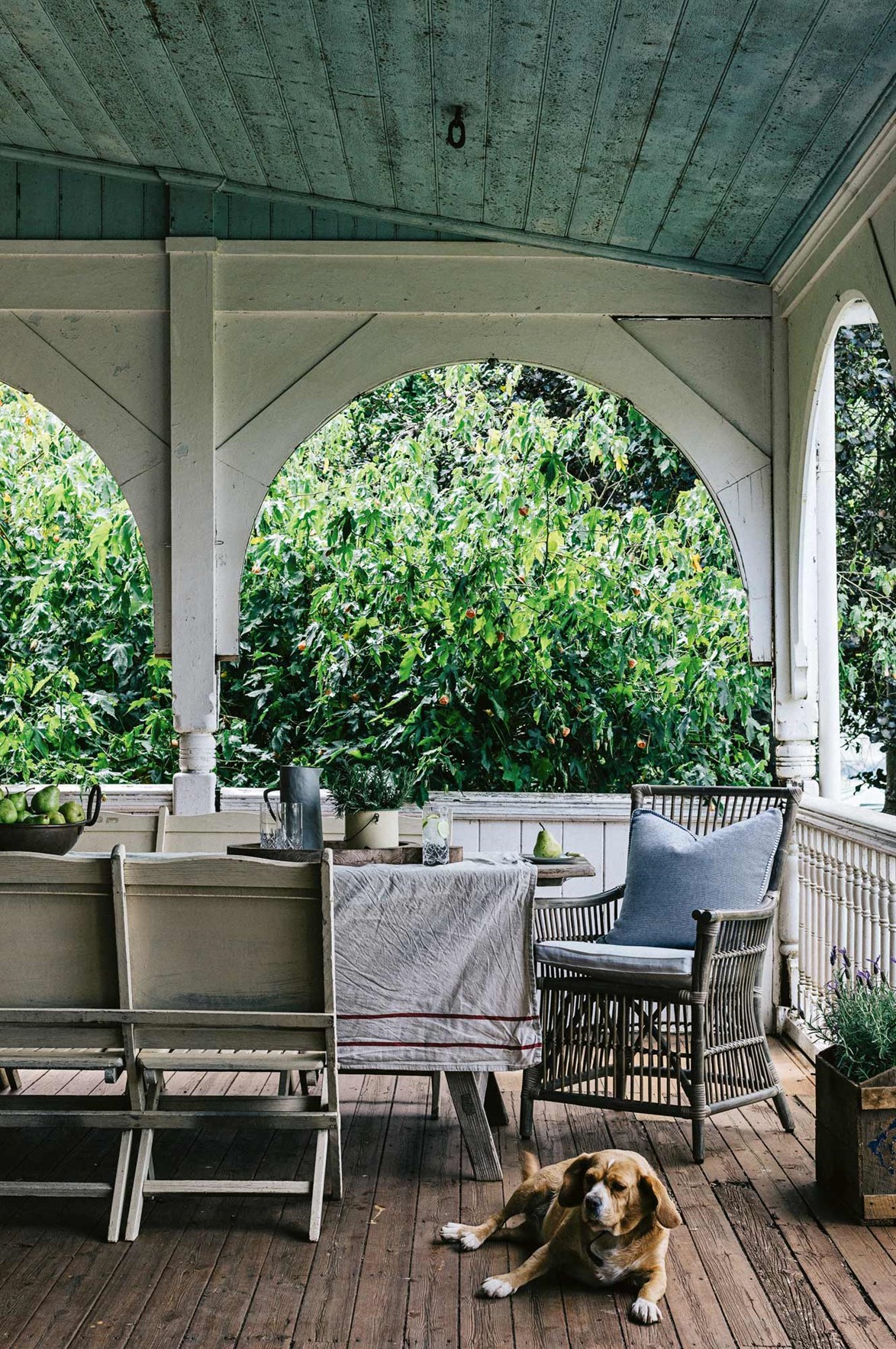 Views of greenery can be enjoyed while dining out on this spacious verandah. It's a spot that Maisy the dog enjoys too. The homestead, known as [Mount Koroite](https://www.homestolove.com.au/welcoming-family-homestead-near-coleraine-victoria-13987|target="_blank"), was built in the mid-19th century and features Queen Anne style details. *Photo: Marnie Hawson *