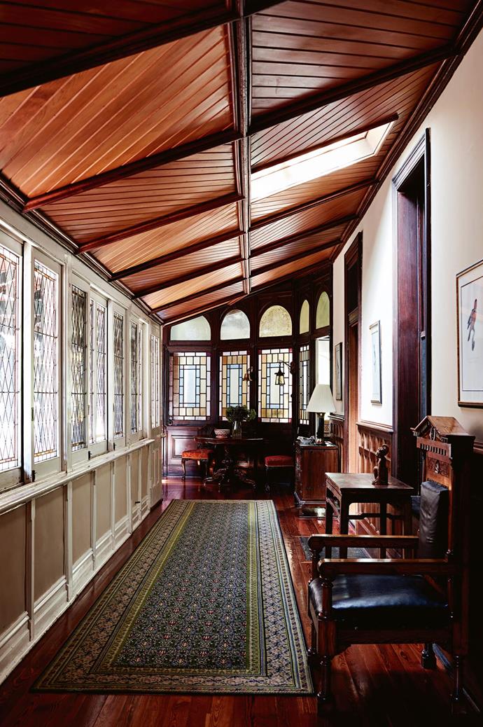 Once an open verandah connecting the homestead's three pavilions, was enclosed with coloured [leadlight glass windows](https://www.homestolove.com.au/stained-glass-19272|target="_blank") and cedar ceilings. The two used a local glazier to painstakingly restore countless loose and broken glass panels, with many more still to go.