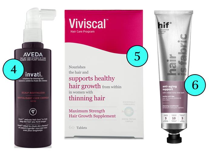 **4.** Aveda Invati Scalp Revitalizer, $89.95, aveda.com.au
**5.** Viviscal Maximum Strength Dietary Hair Growth Supplements, $69.95, viviscal.com.au
**6.** HIF Hair Is Fabric Anti-Aging Support, $55, deciem.com