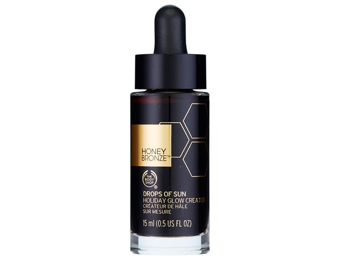 Just add a few drops of this gel into your morning moisturiser and it will give you a light holiday glow by the end of the day. 
<br><br>
**The Body Shop Honey Bronze Drops of Sun Holiday Glow Creator, $25, from [The Body Shop](https://www.thebodyshop.com/en-au/range/honey-bronze/drops-of-sun/p/p003709|target="_blank"|rel="nofollow")**