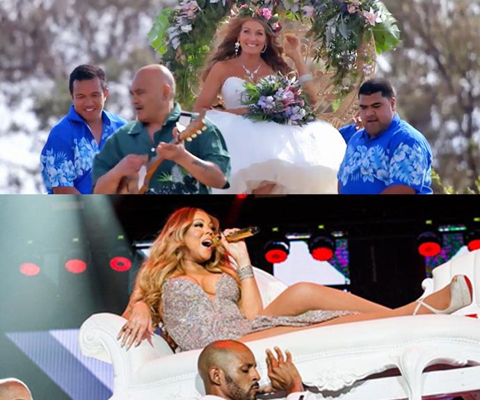 Okay, we know they don't look the same, but Debbie seriously channeled Mariah Carey vibes when she was carried down the aisle!