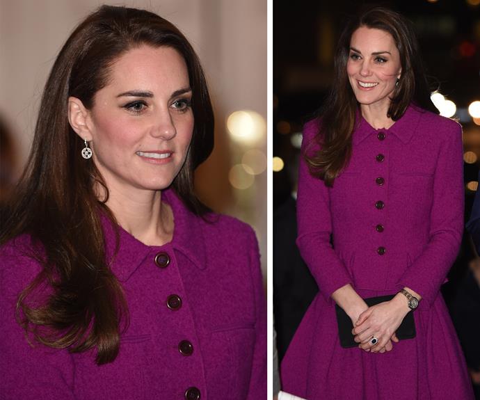 ** February 7:** Catherine attended the Guild of Health Writers [event](http://www.nowtolove.com.au/royals/british-royal-family/duchess-catherine-and-prince-william-enjoy-a-date-night-33967) at Chandos House in chilly London in February wearing a plum Oscar de la Renta outfit.