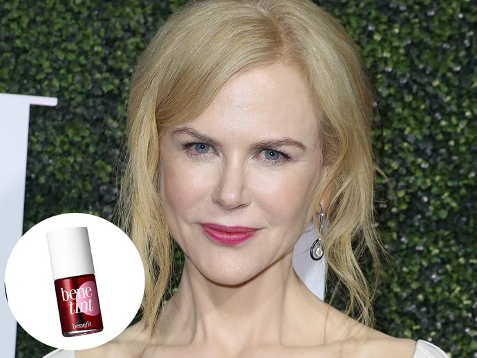 [Beauty chameleon](http://www.nowtolove.com.au/beauty/hair/nicole-kidman-beauty-evolution-33536) Nicole Kidman is all about a space-saving, multipurpose product these days. "I'm a mum, so I don't have a lot of room in my bag, but I always try to have an all-in-one product. I use Benefit Benetint on my lips and cheeks," she told [Allure](http://www.allure.com/story/nicole-kidman-talks-grace-kelly-beauty-routine |target="_blank"|rel="nofollow"). 
[Benefit Benetint Rose and Cheek Strain, $55, Benefit](https://www.benefitcosmetics.com/au/en-gb/product/benetint|target="_blank"|rel="nofollow")