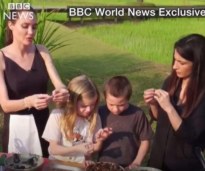 Angie shows her kids how to cook with spiders and scorpions. (Image/BBC World News)