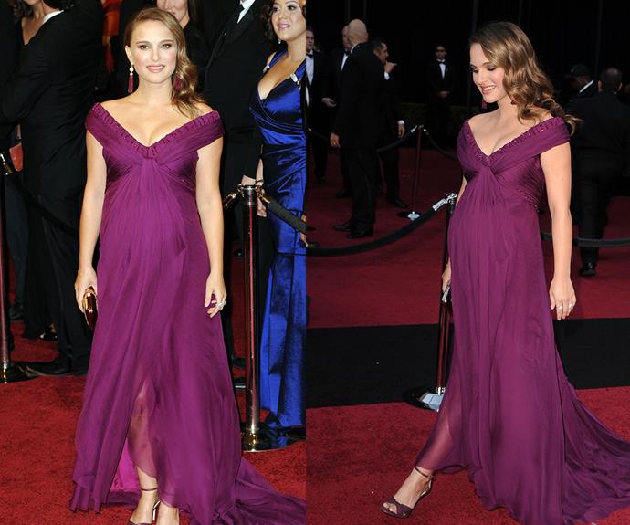 **Best Use Of Pregnancy Glow...** Natalie Portman, pictured pregnant with her first child Aleph Portman-Millepied, was literally glowing when she arrived at the  2011 Oscars in bump-loving style.