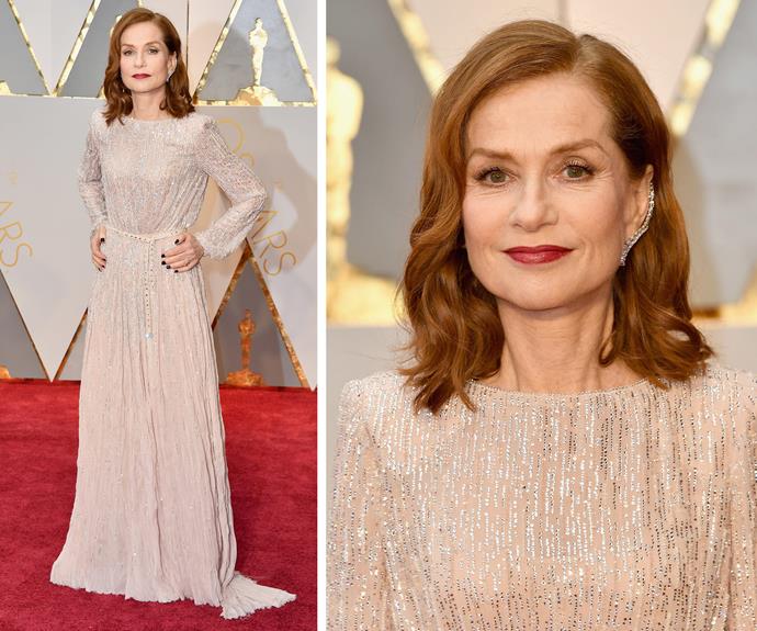 Best Actress nominee for *Elle* Isabelle Huppert stuns in this sequinned number.
