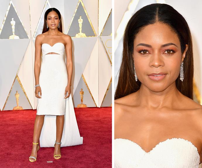 Best Supporting Actress nominee Naomie Harris glows in white.