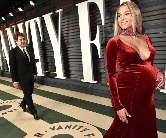 Ciara, pregnant with her second child, glowed in this ruby gown.