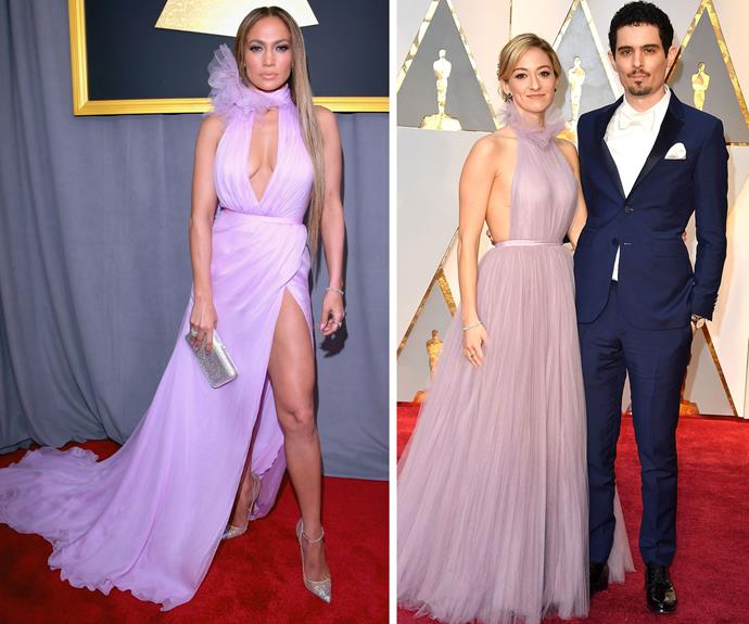 Jennifer Lopez wore this lavender gown to the [2017 Grammys](http://www.nowtolove.com.au/fashion/red-carpet/the-2017-grammy-awards-34089), and the pastel colour might have been the inspiration for actress Olivia Hamilton's gown at the [2017 Oscars](http://www.nowtolove.com.au/fashion/red-carpet/the-2017-oscars-red-carpet-35392).
