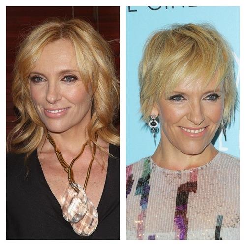 Toni Collette's textured bob and a choppy fringe elevates her look from safe to edgy.