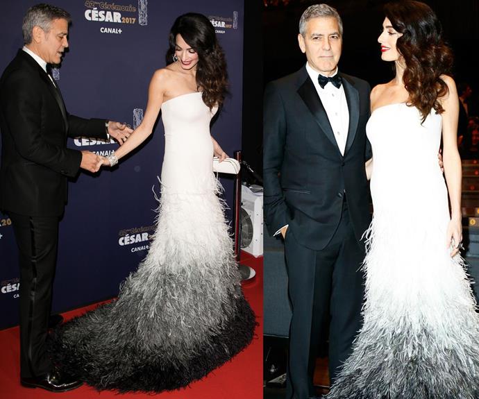 At the [2017 Cesar Film Awards](http://www.nowtolove.com.au/celebrity/celeb-news/amal-clooneys-baby-bump-shines-at-the-cesar-awards-35448) on February 24 in Paris, Amal opted for a custom Atelier Versace gown which featured an ombré, feather train which she teamed with a fur stole.