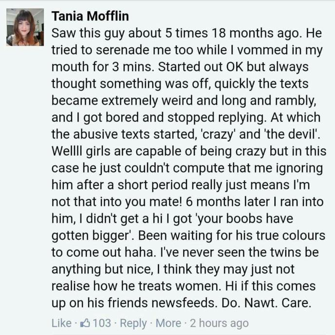 Tania's since-deleted comment on a *Married at First Sight* fan Facebook page.