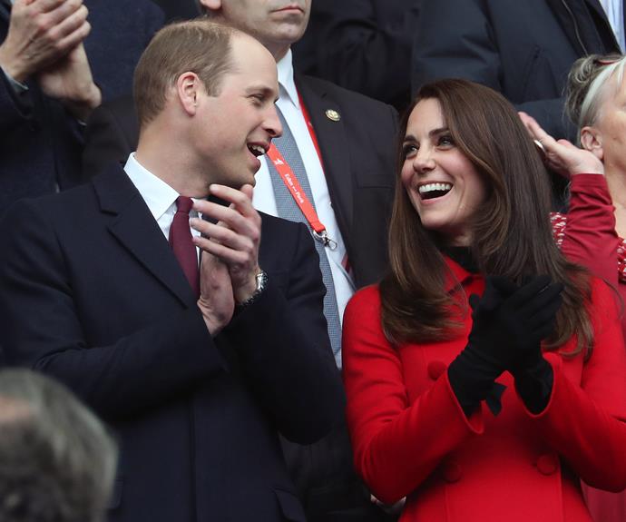 **March 18:** While watching a tight game of rugby between Wales and France, the Duchess wore a bright red Carolina Herrera coat, which she also wore on her trip to Canada in 2016 (love a star who recycles clothes).