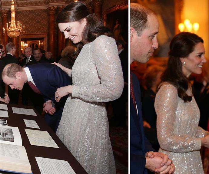 **February 27:** At a celebration for British and Indian culture held at Kensington Palace, Catherine wore a sparkling metallic and pink silk dress designed by Erdem for the occasion.