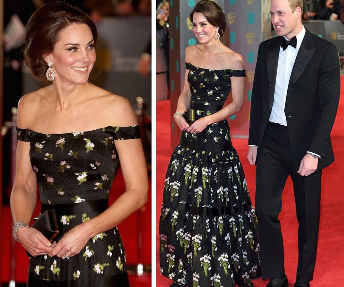 **February 13:** The Duchess stole the show at the 2017 BAFTA awards in February in a custom-made, floor-length gown from British designer Alexander Queen, who also designed her [wedding](http://www.nowtolove.com.au/royals/british-royal-family/william-and-catherines-official-wedding-pictures-2772) dress in 2011.