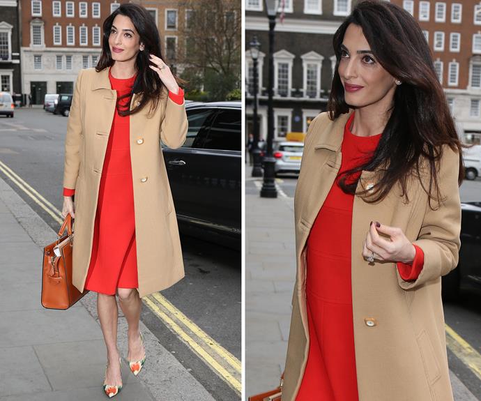 Amal was snapped in London on her way to give a speech about war crimes in Syria and Iraq on March 29, wearing a red shift dress and a camel coat which was perfect for the chilly spring weather. It was the last time she was seen publicly before  giving birth.