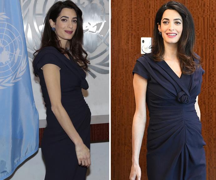 On March 10 Amal met with the Secretary-General of the United Nations António Guterres wearing a navy blue dress, with a rose detail and soft ruching over her prominent bump.
