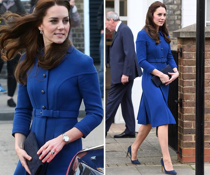 **January 11:** Duchess Catherine wore a gorgeous coat dress designed by Eponine when she visited the Anna Freud Children's Centre, her first official engagement of 2017.