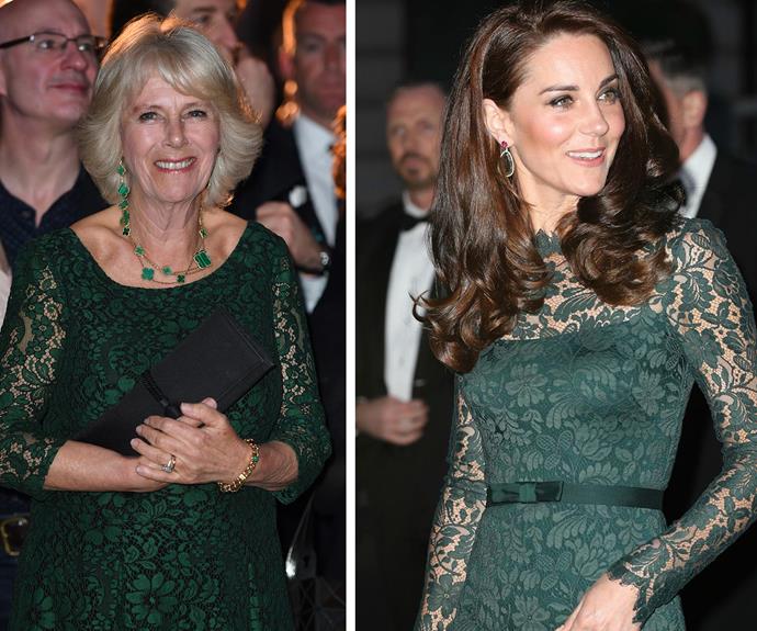 Camilla stepped out in her fetching number for the launch of the Panama Wildlife Conservation Charity, held at the Victoria and Albert Museum in London while Kate wore the Temperley London frock when she attended a gala at the [National Portrait Gallery in the British capital.](http://www.nowtolove.com.au/royals/british-royal-family/duchess-catherine-visits-national-portrait-gallery-gala-36339|target="_blank")