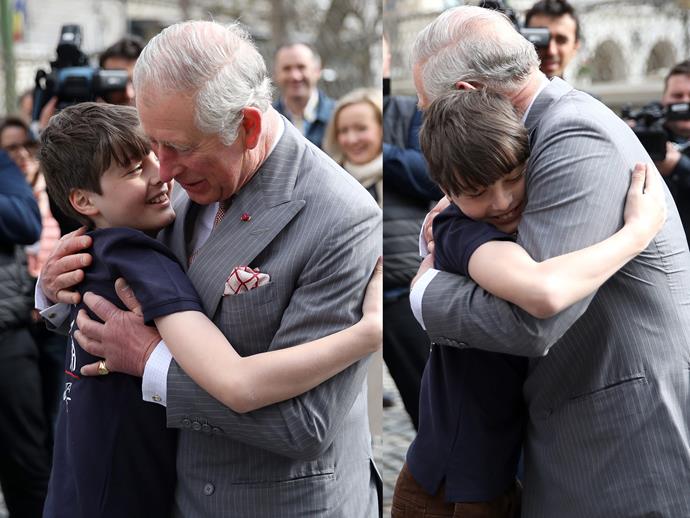 The boy, whose name is Valentin Blacker (the son of one of Charles' Etonian friends), embraced the royal figure in a genuine display of affection.