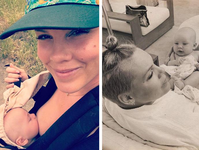 **Pink**
<br><br>
Pink shared the sweet moment newborn bub, Jameson Moon, stops mid-walk for a feed. "Hiking makes us thirsty! #happybaby #normalizebreastfeedingyo #arewethereyet," the mother-of-two wrote beside the darling snap.