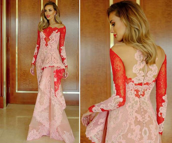 Bec Judd stuns in this pink and orange creation by her favourite designers, J'aton.