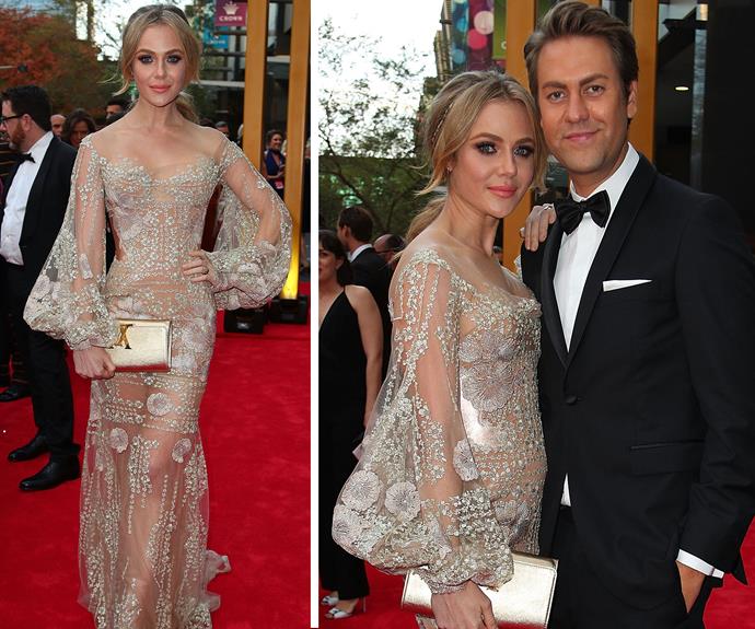 Gold Logie nominee Jess Marais dazzles in this intricate beaded gown. The *Love Child* star was joined by a mystery man.