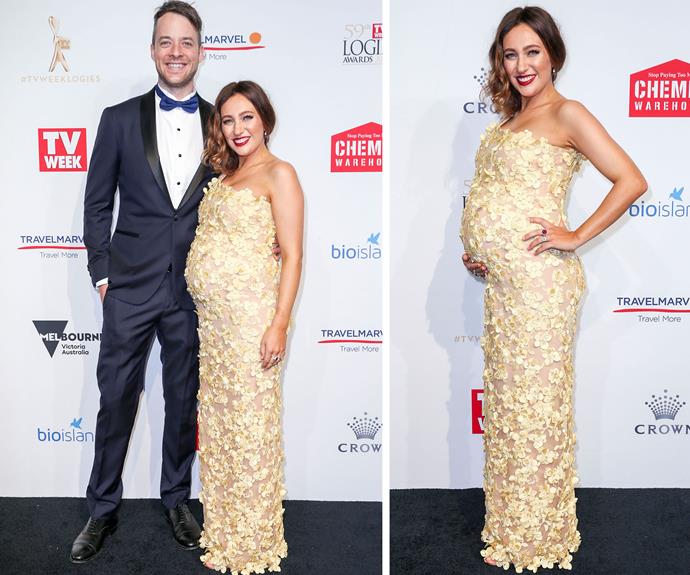 Zoe Foster Blake looks glowing in a sunshine yellow Con Ilio gown, showing off her growing baby bump.