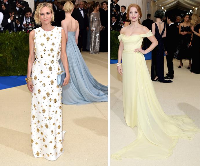 Diana Kruger and Jessica Chastain's dresses bring pops of sunshine to the yellow carpet.