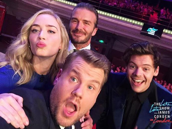 James Cordon called on famous friends Emily Blunt, Harry Styles and BFF [David Beckham](http://www.nowtolove.com.au/parenting/parenting-news/david-beckham-kisses-daughter-harper-38029|target="_blank") for a special edition of *The Late Late Show*, which paid tribute to the victims of the recent terror attacks in London.