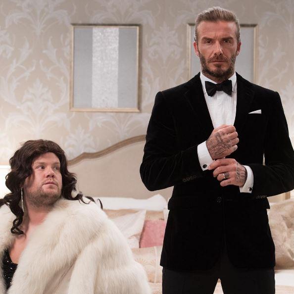 James even dressed up as a classic Bond girl as a very straight-faced Becks looked on. The internet has made comparisons between James and David's wife Victoria, but we think James works that fluffy coat in his own right.