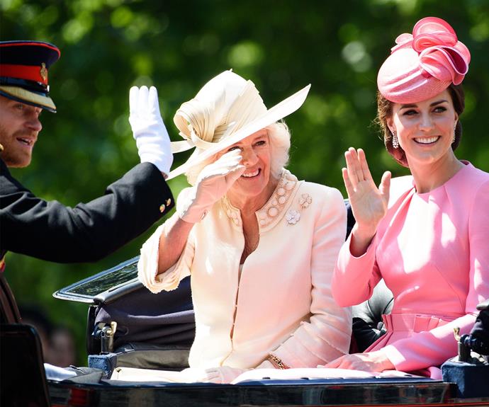 Harry, Camilla and Kate give their best royal waves.