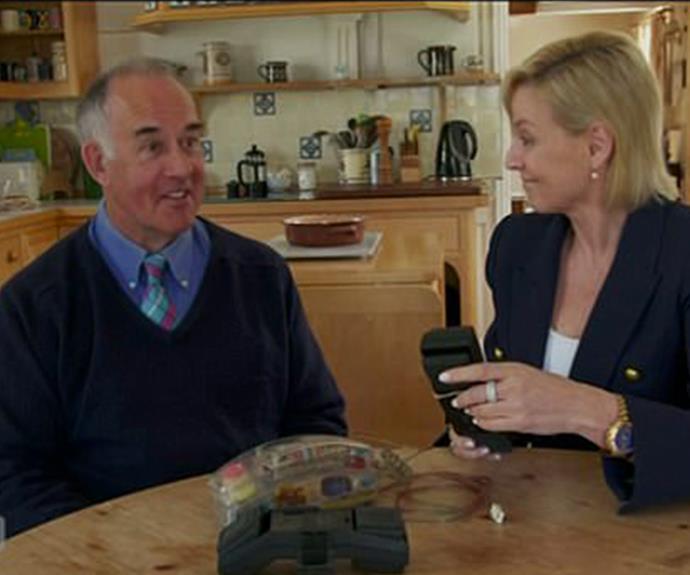 Diana's good friend James Colthurst helped tape hours worth of recordings. Here, he shows Liz Hayes the phone scramblers they used. (Image/60 Minutes)