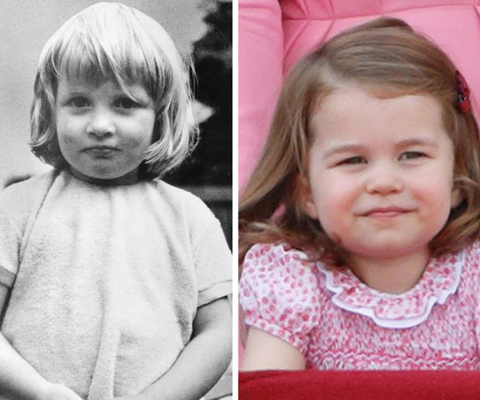 Those pursed lips and that cheeky expression of Charlotte's reminded the world of a young Princess Diana (L) when she was the same age.