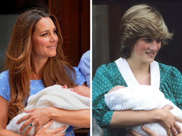 When Kate proudly showed off a newly arrived Prince George to the world, she wore a blue polka dot dress much like her late Mother-In-Law did with a baby Prince William.