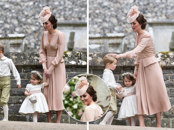 **May 20:** Sister [Pippa's wedding to James Matthews](http://www.nowtolove.com.au/royals/british-royal-family/prince-george-princess-charlotte-stole-pippa-wedding-37622|target="_blank") saw the whole family get out their Sunday best, and Kate was no different, looking flawless as always in a blush pink Alexander McQueen dress with matching fascinator.