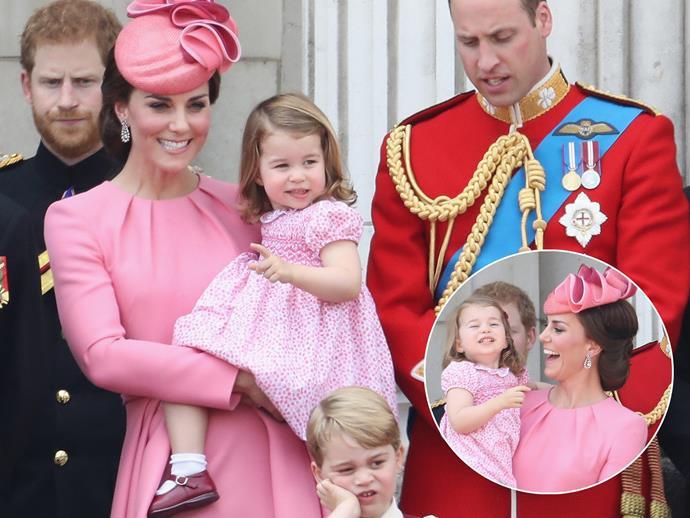 **June 17:** The annual [Trooping The Colour](http://www.nowtolove.com.au/royals/british-royal-family/trooping-the-colour-balcony-38353|target="_blank") was another chance for us all to see Charlotte and Kate on the balcony of Buckingham Palace - this time in matching in pink. The Duchess opted for another creation by favourite designer Alexander McQueen which she teamed with a matching hat by Jane Taylor and a pair of drop diamond earrings belonging to the Queen. This vibrant colour was considered to be a display of joy by Catherine, considering the terrible tragedies London had faced in the lead up to this event.