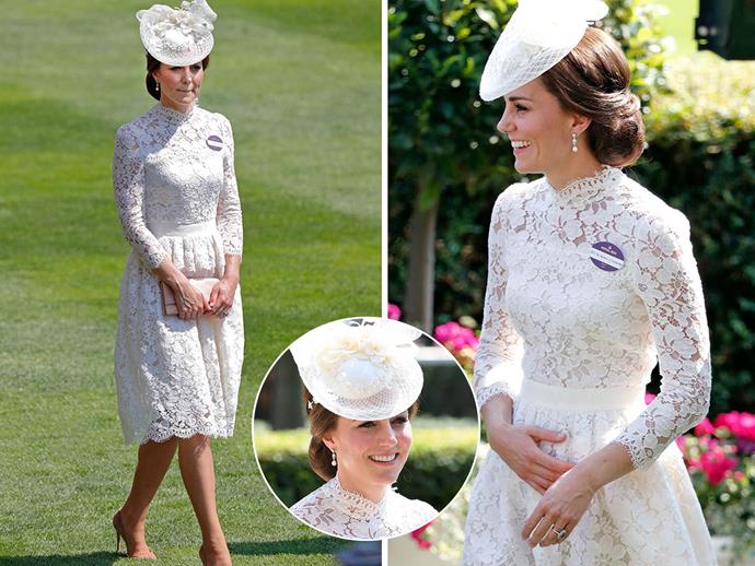 **June 20:** The Duchess of Cambridge attended Royal Ascot 2017 wearing a stunning white lace, in a dress designed by Alexander McQueen - although it was a bespoke version as naturally the hemline was lengthened. It was very similar to the dress [Kate wore to Ascot in 2016](http://www.nowtolove.com.au/fashion/fashion-news/fashion-on-the-field-at-royal-ascot-2016-14442|target="_blank"). So much so royal fans wondered if she was doing one her famous [fashion repeats](http://www.nowtolove.com.au/royals/british-royal-family/duchess-catherine-frugal-fashion-20265|target="_blank").