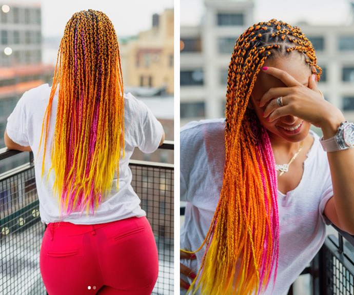 Alicia Keys got into the summer spirit with a new neon 'do. Hot like a sunrise, the *No One* singer's long locks feature bright orange, pink and yellow tones.