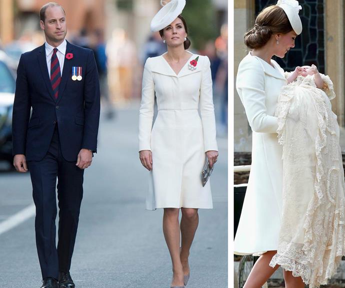 The Duke and Duchess of Cambridge stepped out in [Belgium](http://www.nowtolove.com.au/royals/british-royal-family/prince-william-duchess-kate-belgium-visit-39568|target="_blank") recently for the centenary of the Battle of Passchendaele, and while the couple looked very smart indeed with Kate dressed in a white Alexander McQueen ensemble, royal spotters were quick to realise that we'd in fact seen this look before. That's right, despite a different headpiece, the mother-of-two had repeated the outfit worn for daughter Charlotte's Christening in 2015.