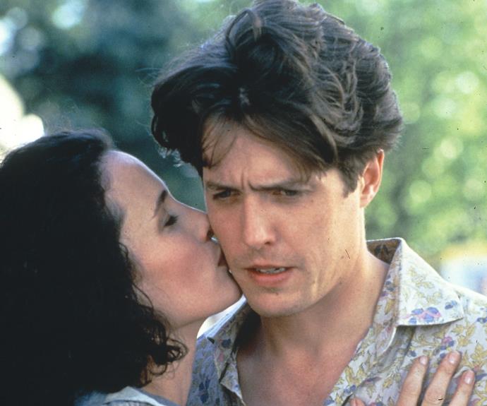 ***Four Weddings and a Funeral*** (1994):
Adorable dork Charles (Hugh Grant) has always been unlucky  in the romance department. But  after meeting the gorgeous Carrie (Andie MacDowell), things quickly change for this English chap. Only problem? She's from the United States. It'll take a few events to bring these two together, but luckily, this movie has a ton of them.