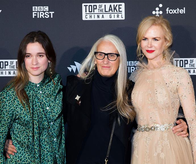 Alice Englert with her mother Jane Campion, who wrote the series, and Nicole Kidman at the Sydney premiere of *Top Of The Lake: China Girl*.
