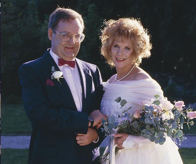 **Harold & Madge:**
One of the original couples on *Neighbours*, Harold Bishop (Ian Smith) and Madge Ramsay (Anne Charleston) were originally childhood sweethearts who lost contact over the years. But Madge's daughter Charlene (Kylie Minogue) brought them back together when she invited Harold to Ramsay Street. The couple reunited quickly and Madge immediately accepted his marriage proposal a short time later.