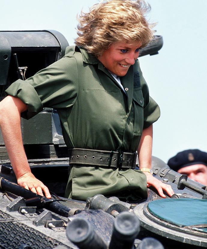Three years later, Diana tried her hand at being a solider. Suiting up, the Princess climbs into a tank...