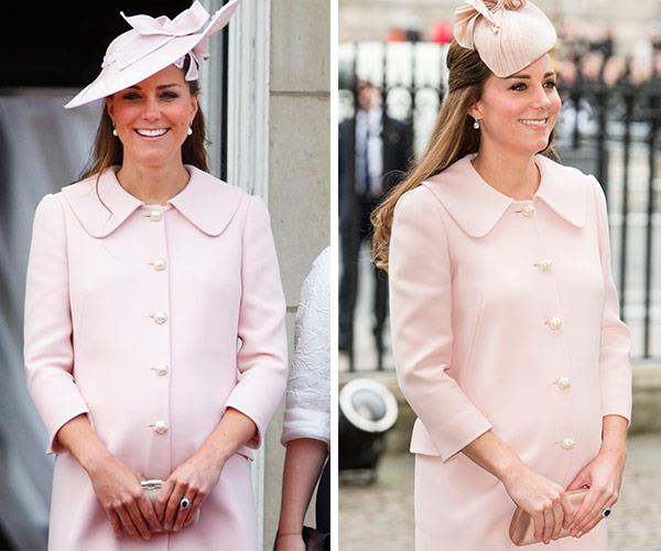 Mixing it up, Kate restyled the 2013 outfit (L) with a different hat (R).