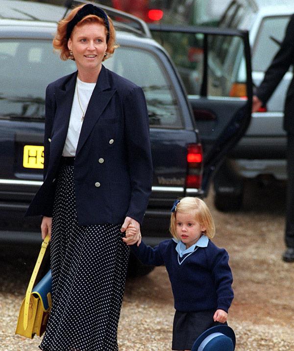 Sarah the Duchess of York drops Princess Beatrice off to school in 1991.