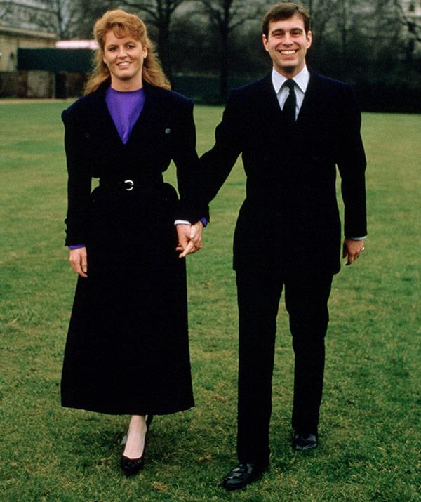 Prince Andrew with Sarah Ferguson after their engagement announcement at Buckingham Palace on March 17, 1986.