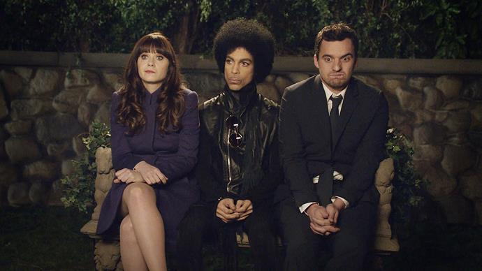 **Prince -** ***New Girl***
The diminutive popstar was a huge fan of *New Girl*, which is why he contacted the show and offered himself up as a co-star. The Purple One is throwing a party and Jess (**Zooey Deschanel**) and Nick (**Jake Johnson**) want in. When the pair does eventually meet prince, their freak-out is an absolute delight.