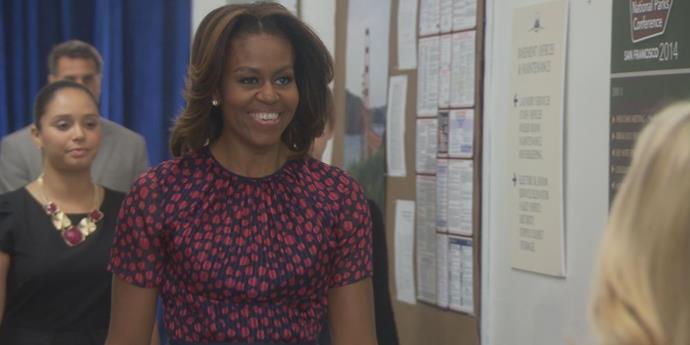 **Michele Obama –** ***Parks And Recreation***
When perennial do-gooder small-town government worker Leslie Knope (*Saturday Night Live* alumni **Amy Poehler**) bumps into Mrs. Obama, the then First Lady encourages her to take a new job with the National Parks Service in Chicago. Knope’s response includes the world’s most awkward high-five, delirious shouting and bewildered commentary: “I agree with you on all things, throughout history until the end of time. Forever.”